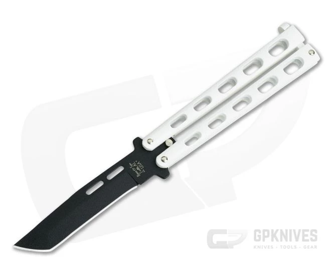 Bear and Son Cutlery Black Tanto Point White Butterfly Knife 115TANW