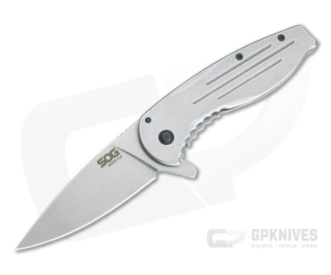 SOG Aegis FLK Stonewashed Stainless Steel Frame Lock Flipper 14-41-02-42