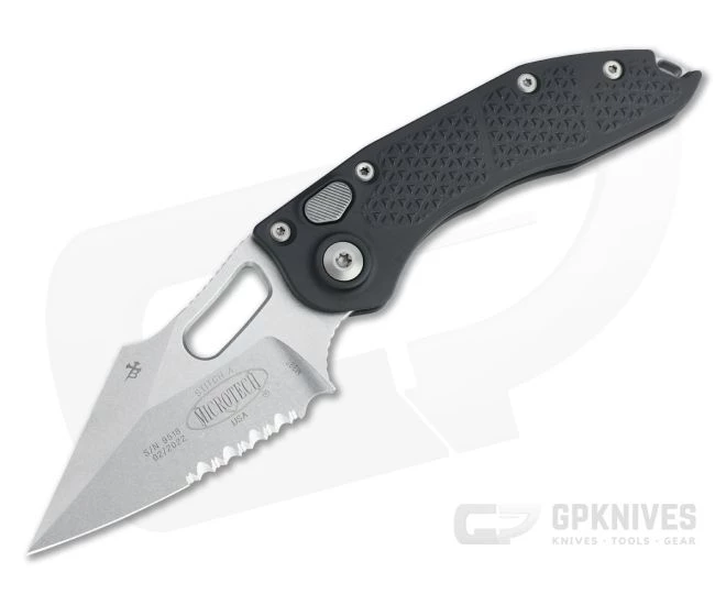Microtech x Borka Stitch A Stonewashed Partially Serrated Black Button Lock Automatic 169-11