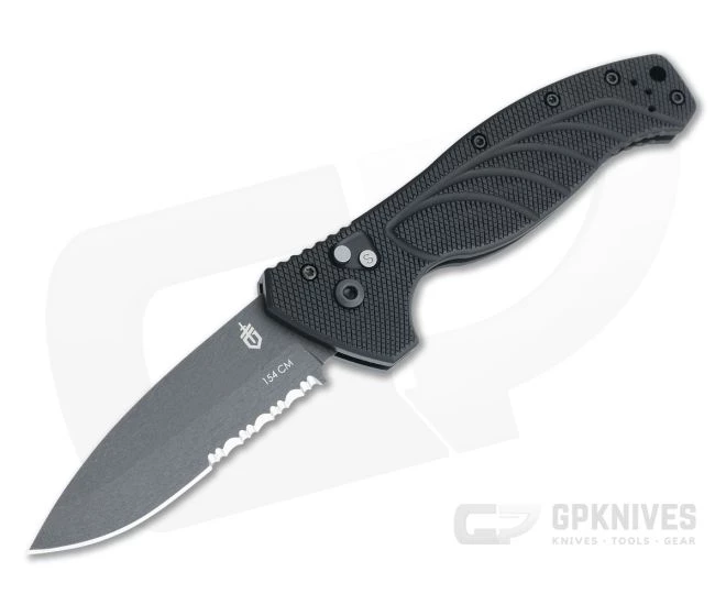 Gerber-Emerson Alliance Black Oxide Part Serrated 154CM Drop Point Aluminum Automatic Knife 22-07158N