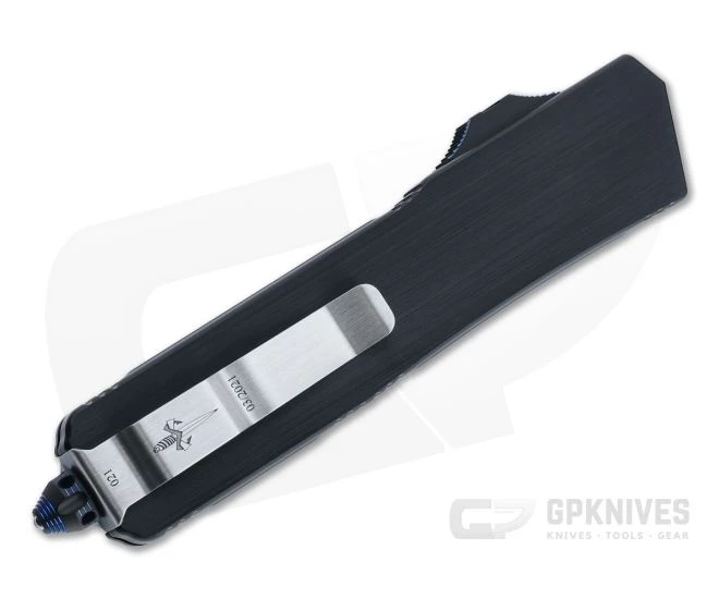 Marfione Custom Scarab II Double Edge Mirror 204P Blue Ringed Hardware Brushed Black OTF Automatic Knife 4418 - Image 2