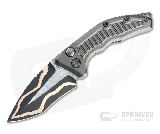 Heretic Custom Medusa Recurve Bakers Forge Damascus Frag DLC Titanium Automatic Knife 4731
