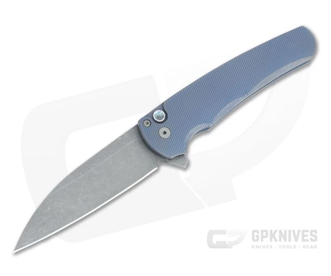 Protech Malibu Custom Wharncliffe Acid Washed 20CV Distressed Blue 3D Titanium Flipper 5141-AW-BLUE