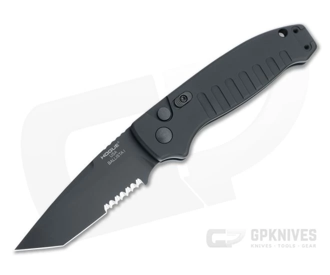 Hogue Ballista I Tanto Part Serrated PVD 154CM Black Aluminum Button Lock Automatic Folder 64120