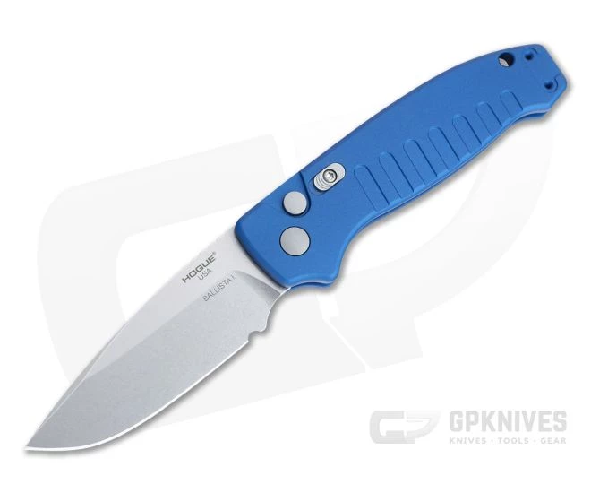 Hogue Ballista I Drop Point Stonewashed 154CM Blue Aluminum Button Lock Automatic Folder 64133