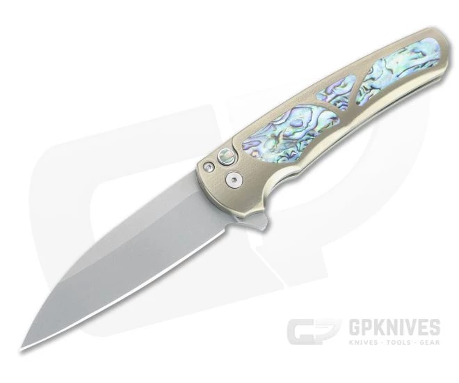 Protech Malibu Custom Wharncliffe Stonewashed 20CV Abalone Inlaid Bronze 3D Titanium Flipper AB-03