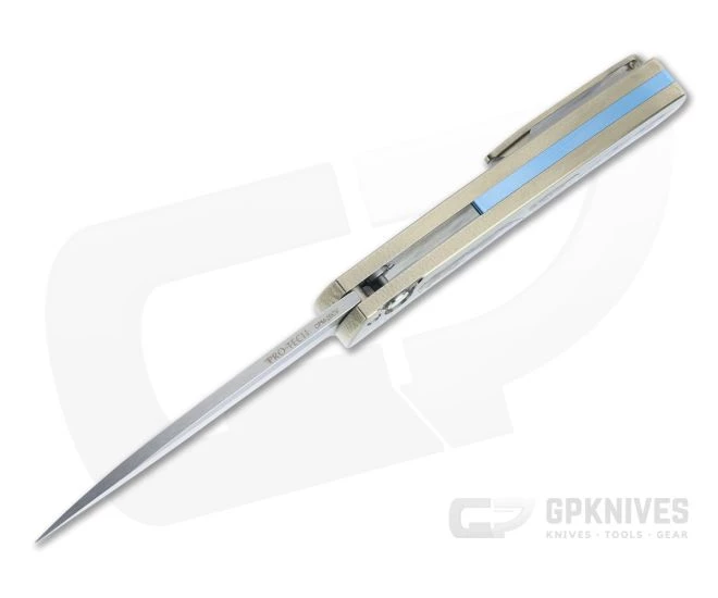 Protech Malibu Custom Wharncliffe Stonewashed 20CV Abalone Inlaid Bronze 3D Titanium Flipper AB-03 - Image 3