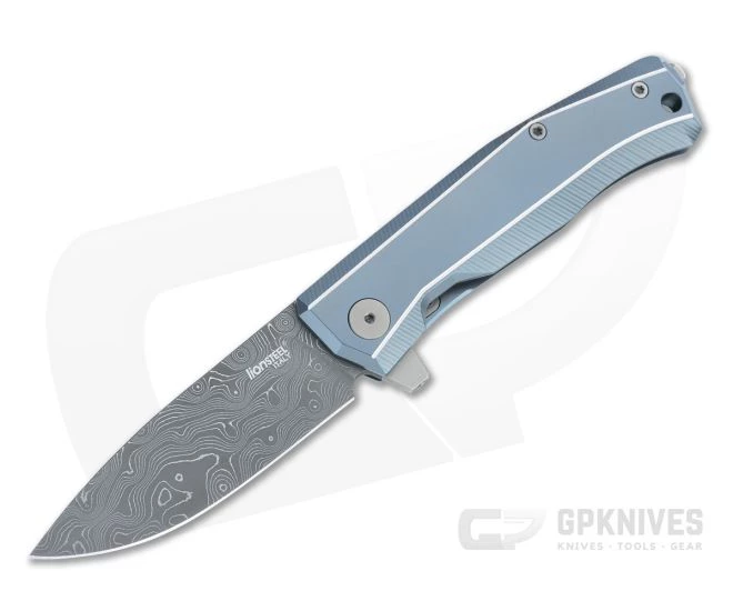LionSteel Myto Stainless Damascus Blue Titanium Frame Lock Flipper